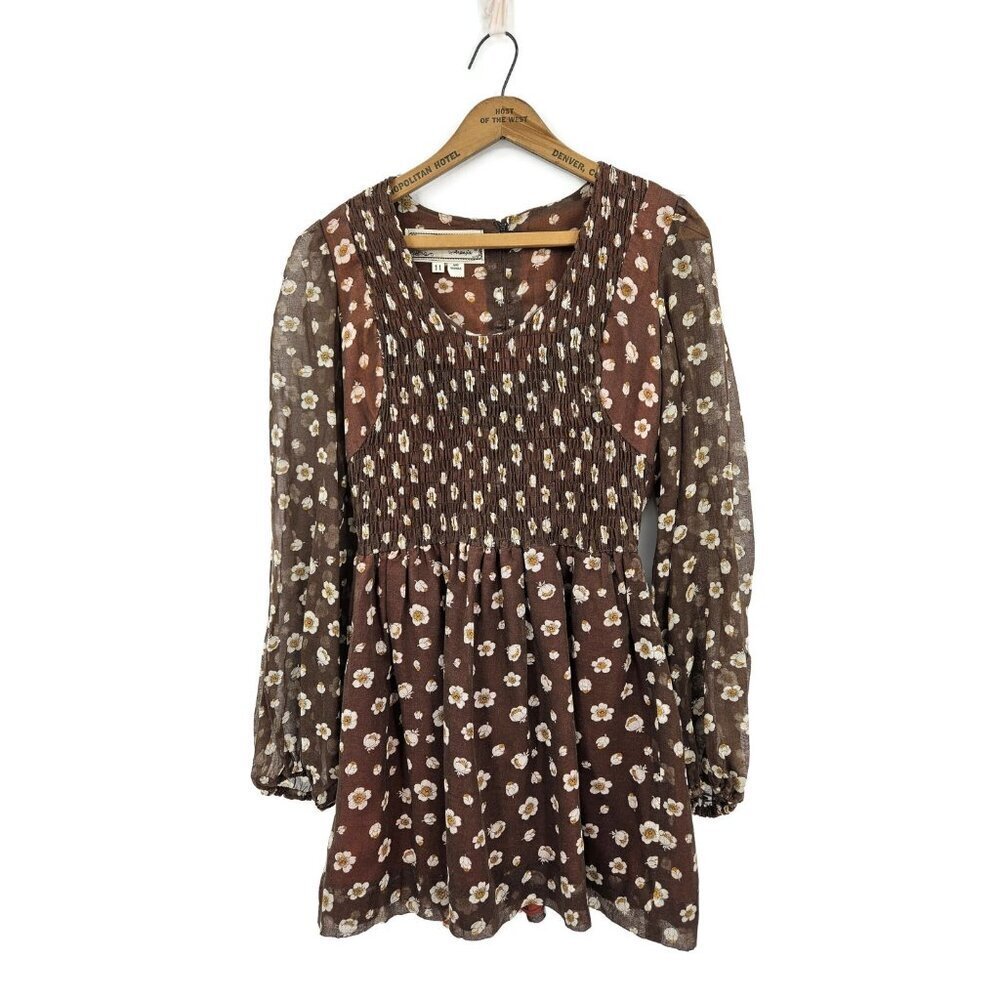 Vtg Young Edwardian Floral Mini Dress Womens 11 Brown Shirred Prairie Boho
